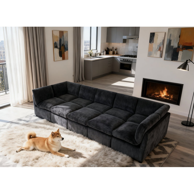 Arfsten Anagel 160'' Wide Symmetrical Modular Corner Sectional with Ottoman, Black Corduroy