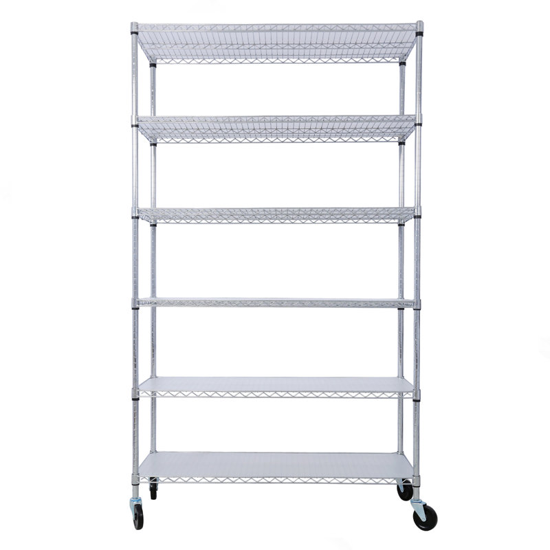 Étagère métallique à 6 niveaux, capacité de 2722 kg (6000 lb), certifiée NSF, robuste et réglable, avec roulettes et tapis de protection pour étagères, en acier chromé, pour usage commercial. Dimensions : 208 cm (82 po) H x 122 cm (48 po) L x 46 cm (18 po) P.