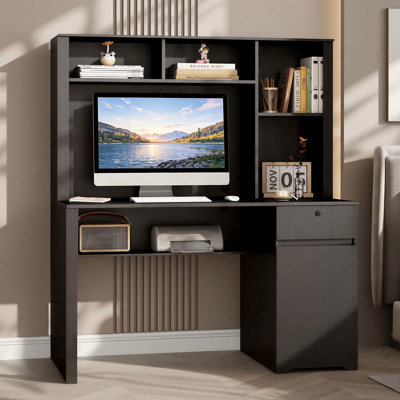 Bureau d'ordinateur 51,2 po avec huche et tiroir verrouillable, bureau à domicile avec prises de courant et ports USB, tablette et armoire pour imprimante, bureau d'étude moderne, blanc et noir