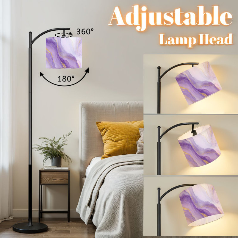 Lampe sur pied à arc avec abat-jour réglable Lavande mauve aquarelle liquide lignes dorées Lampe sur pied violet pastel 3 températures de couleur à haut gradateur avec interrupteur au pied pour la chambre à coucher