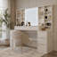Grande coiffeuse de 150 cm avec miroir lumineux, éclairage DEL 3 couleurs réglable, meuble coiffeuse en bois d'ingénierie E1 avec 8 tiroirs et étagères de rangement ouvertes pour chambre à coucher