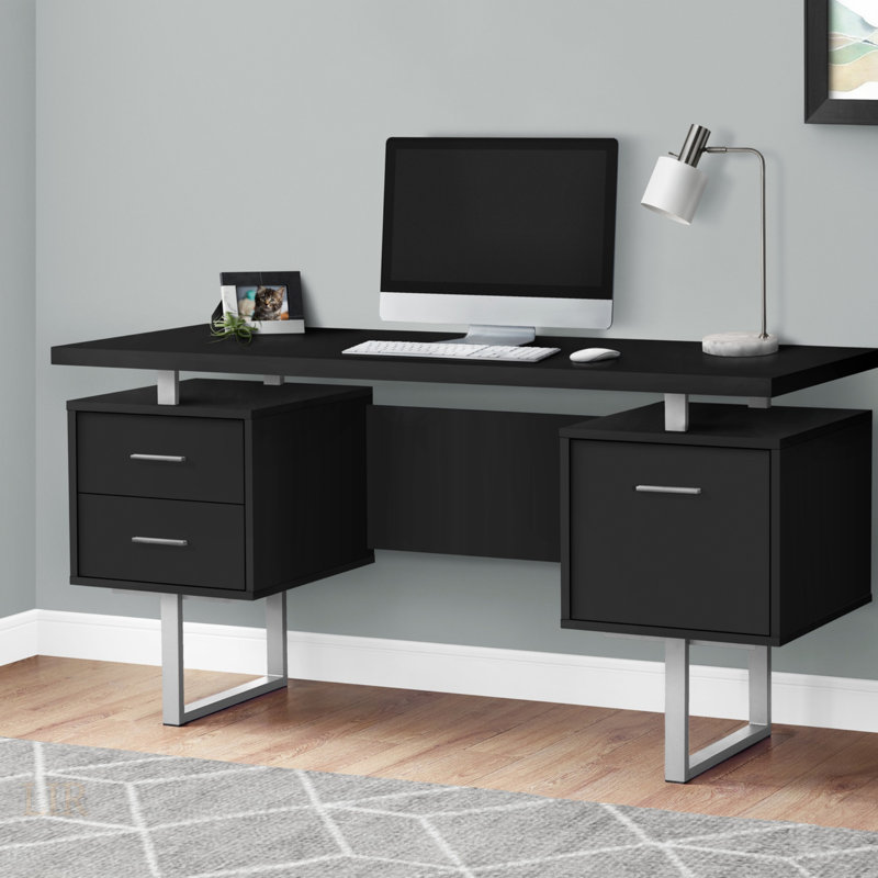 Contemporary 60 Inch Computer Desk With Storage Drawers, Reversible Left Or Right Set-Up, Black Laminate And Grey Metal Frame