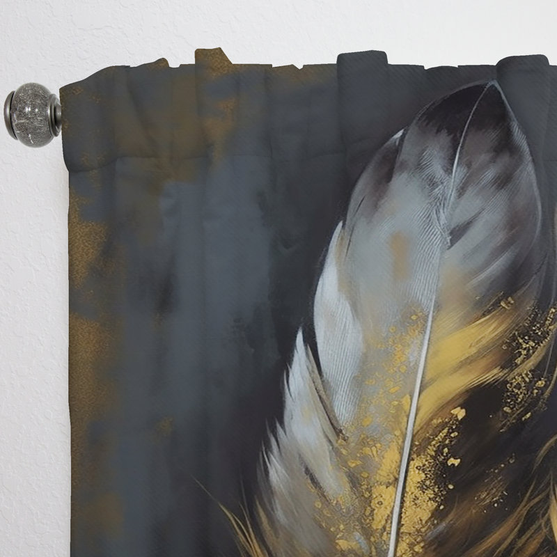 Kincy - Gold Boho Chic Feathers I - Rideau en plumes glamour - Velours obscurcissant - 1 panneau, L 52 po x L 63 po
