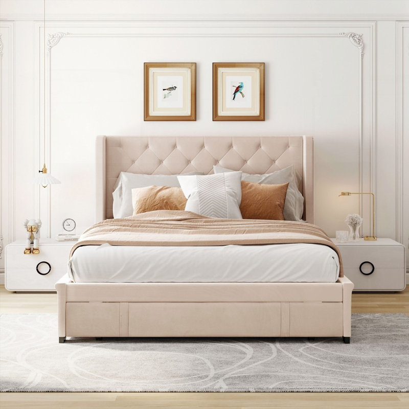 Grand lit de rangement avec tête de lit à oreilles et grand tiroir (robuste et sans sommier), Beige