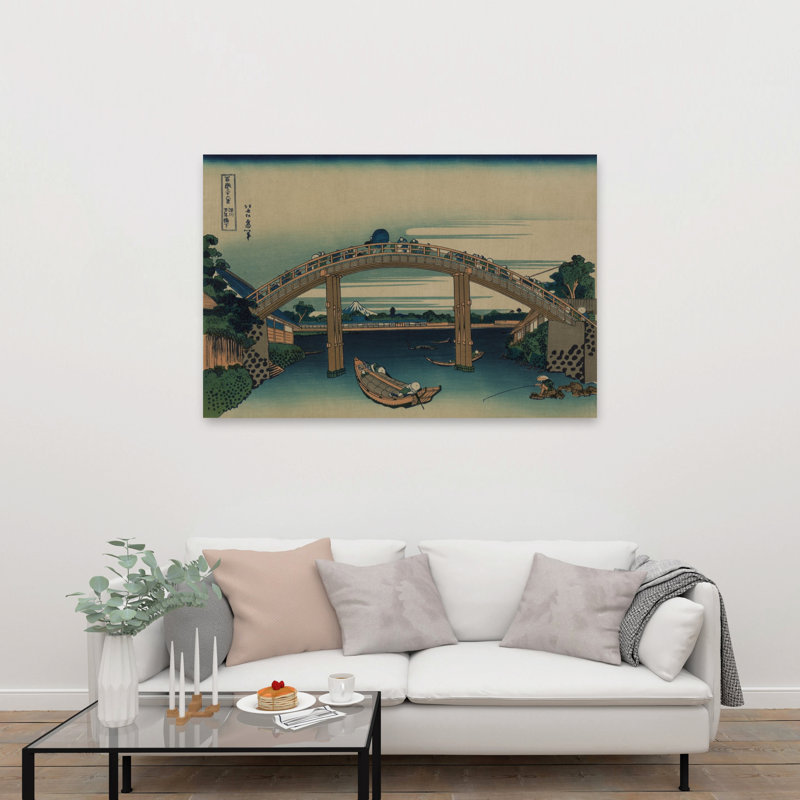 Vue du mont Fuji depuis le pont Mannen à Fukagawa, Edo, vers 1830. Estampe contemporaine représentant un paysage de montagne et de poissons.