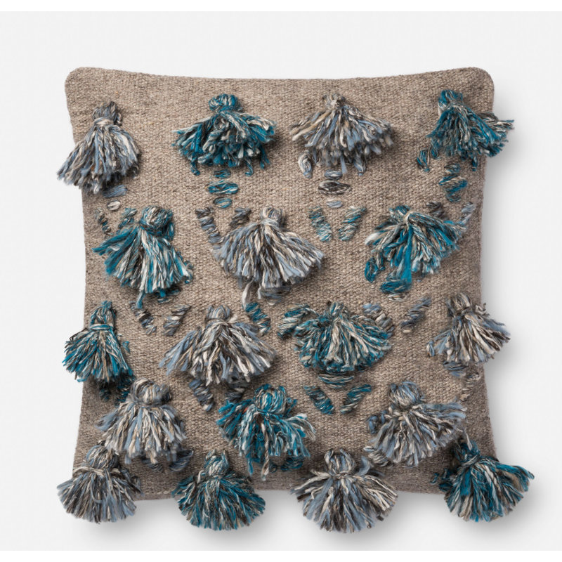22" Square Beige and Blue Embroidered Cotton Throw Pillow