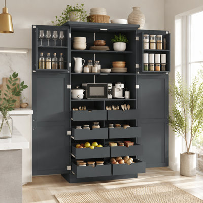 Freestanding Kitchen Pantry Cabinet, Tall Storage Cabinet with 4 Doors, 2 Door Shelves, 8 Pull-out Trays and Adjustable Shelf for Dining Room