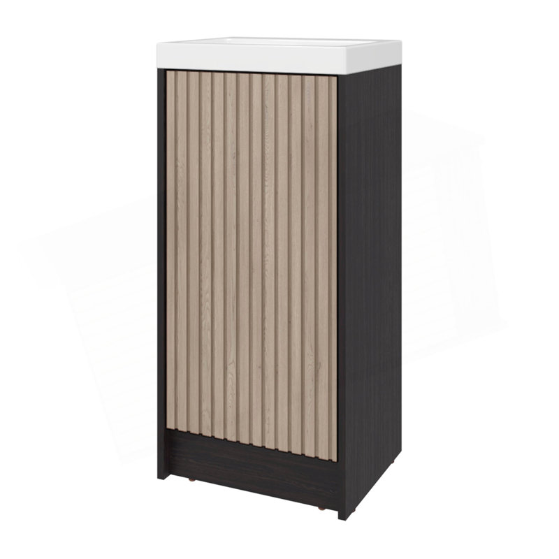 Meuble-lavabo sur pied et armoire avec lavabo en résine Syracuce, rangement compact pour salle de bain avec une porte et 2 tablettes intérieures
