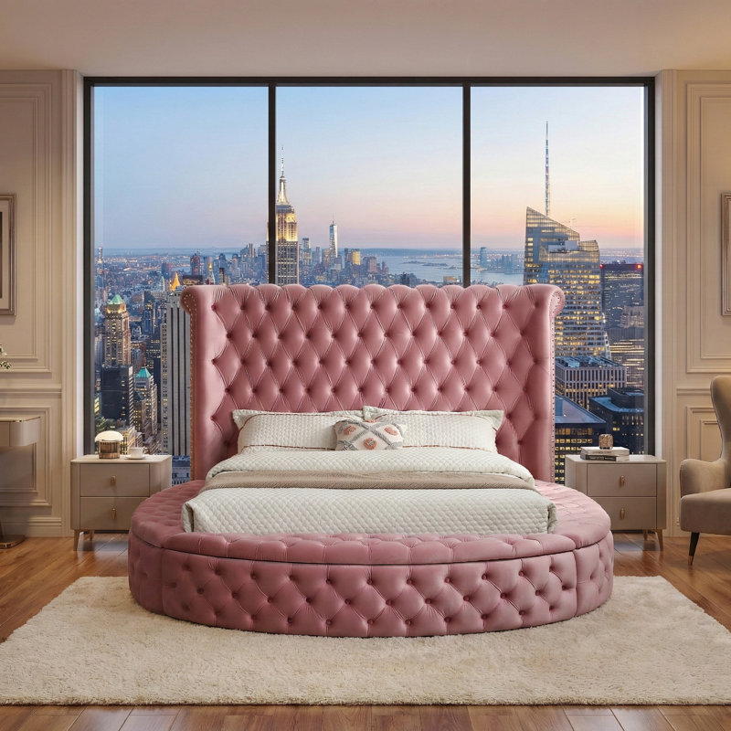 Lit avec rangement en velours Mirna, Très grand lit, Rose