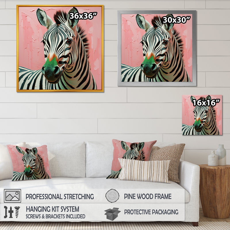 Rose et vert Boho Zebra I - art mural animal zèbre, Toile tendue, H 30 po x l 30 po x P 1,5 po