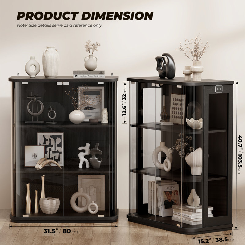 Rounded Display Cabinet With Glass Door, 3-tier Curio Cabinet With 3 Color Lights For Collectibles, Glass Display Case With Transparent Full-display Surface, Human Body Sensor, Black