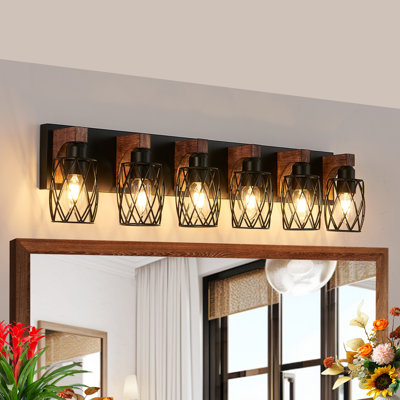 Applique murale industrielle 38 po à 6 lumières 38 po - Cage noire avec accents en bois pour la salle de bain, le couloir ou le salon