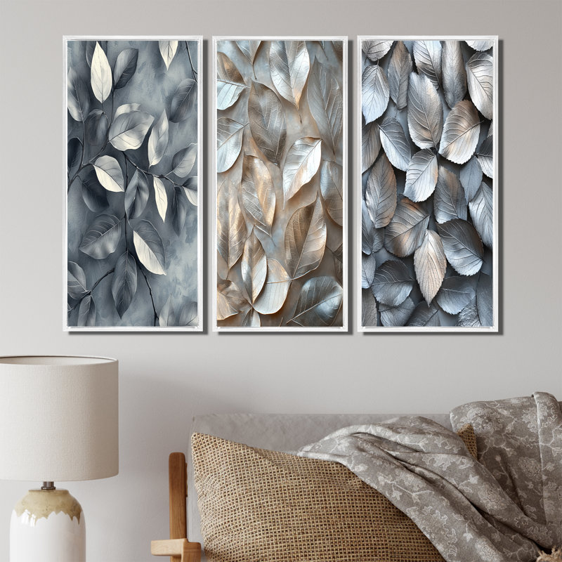 Cuivre, argent, étain, feuilles I - Collection de décorations murales feuilles, H 28 po x l 36 po, Blanc