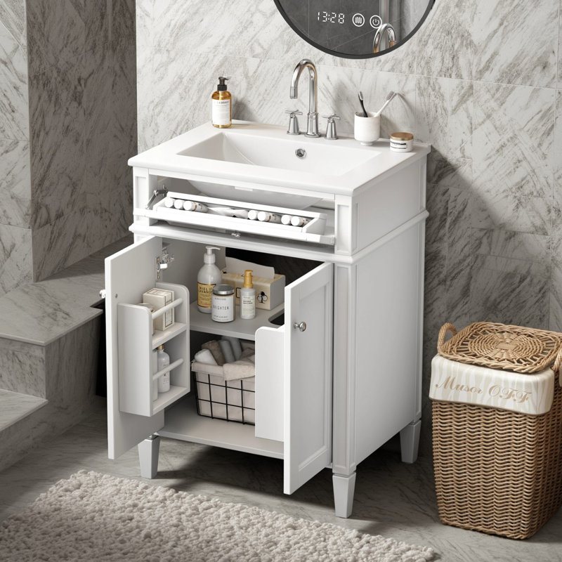 24" Bathroom Vanity with Ceramic Sink, 2 Soft-Close Doors, Tip-Out Drawer, Organizers, Silver, White