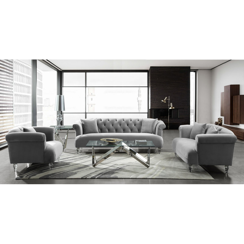 Kingsville Contemporary Sofa Chair with Arms in Velvet and Acrylic Legs, Gray
