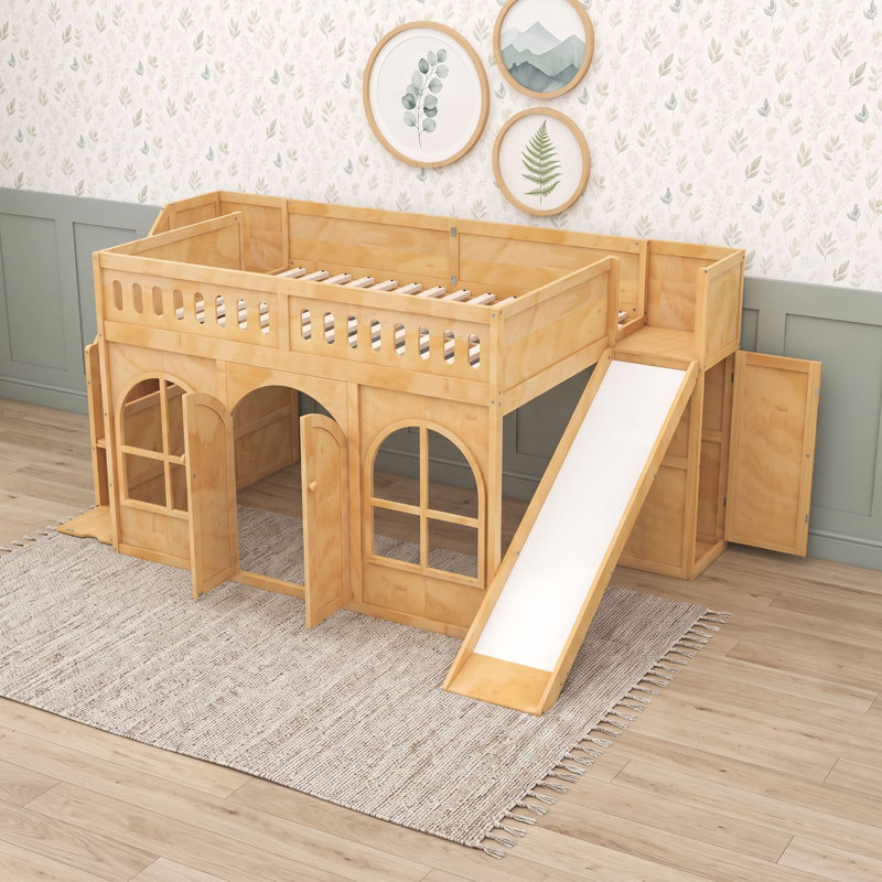 Lit mezzanine en bois avec escalier de rangement, garde-robe et glissade, Lit double, Naturel