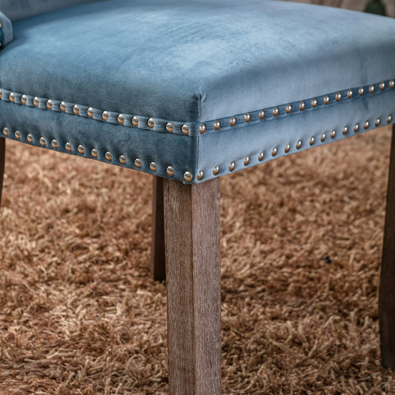 Paire de chaises de salle à manger rembourrées, velours bleu, pieds en bois massif, dossier haut, clous décoratifs, SW8809LB (2 pièces), revêtement en velours, rivets décoratifs, style américain