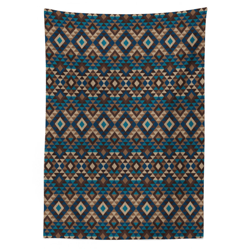 Ambesonne Ethnic Tablecloth, Knitted Jacquard Illustration Texture Image Geometric Style, Rectangular Table Cover For Dining Room Kitchen Decor, 52" X 70", Brown And Dark Blue