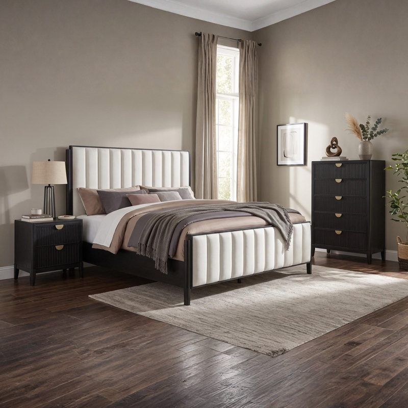 Ensemble de chambre moderne 3 pièces, pour chambre à coucher, Ivoire ivoire, Lit, table de chevet, commode, Très grand lit