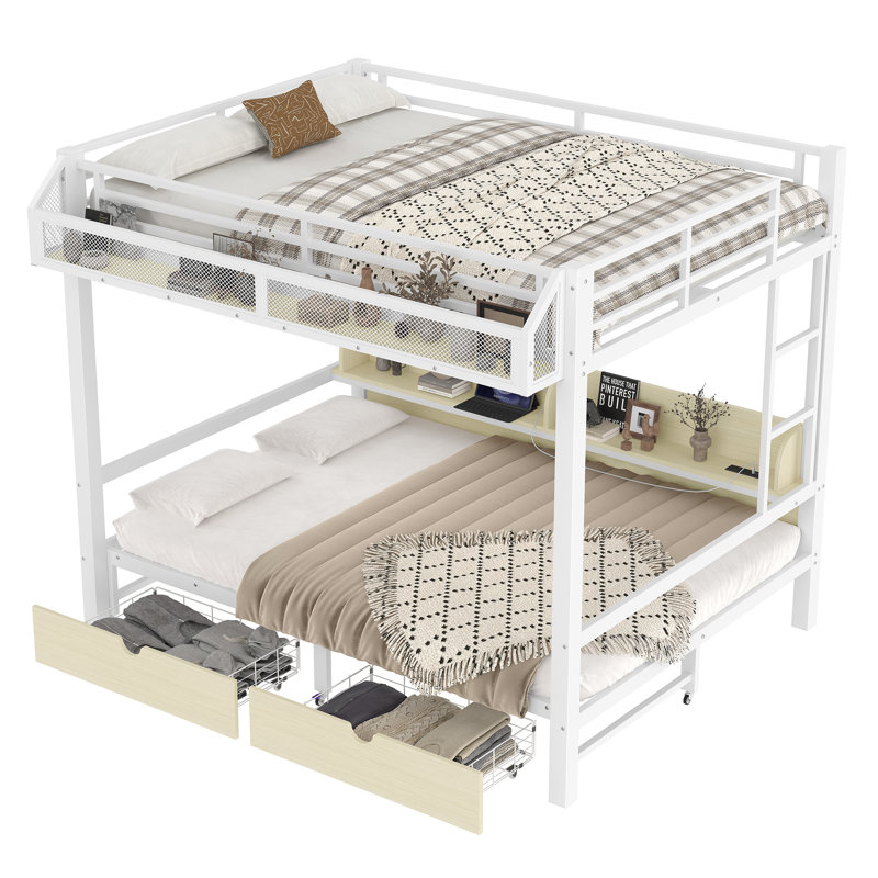Lit superposé en métal blanc sur grand lit, tiroirs et tablettes de rangement, lumières DEL, ports USB, Blanc