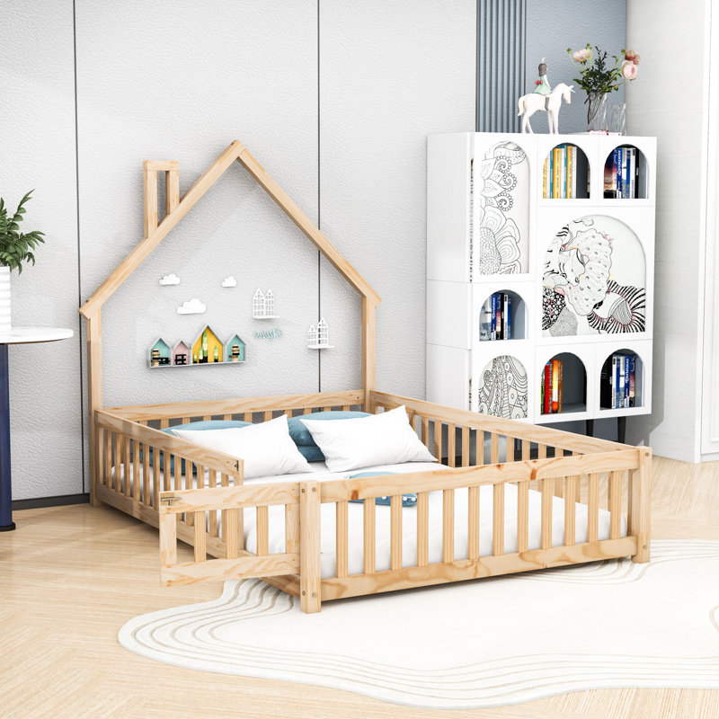 Lit double en bois avec porte et tête de lit, Naturel
