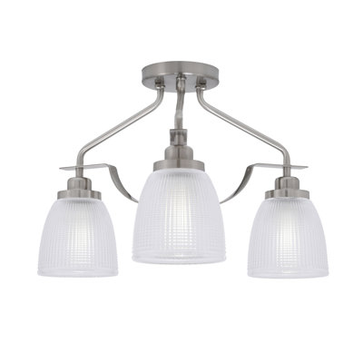 Odyssey 3 Light Semi-Flush Shown In Brushed Nickel Finish With 5" Clear Ribbed Glass