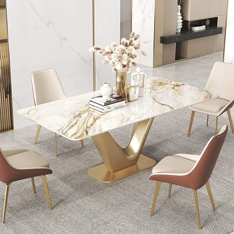 Randahl 71'' L Modern Rectangular Stone Top Dining Table, Gold