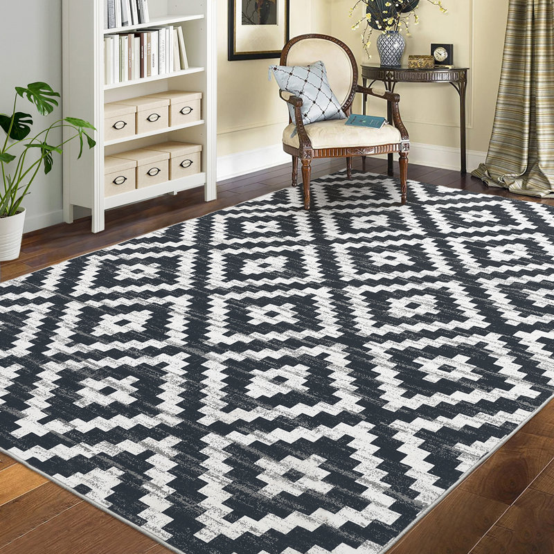 Geometric Machine Washable Rug for Living Room Bedroom Diamond Checkerboard Non-Slip Low Pile Rubber Backing Area Rug for Playroom Office Kitchen Dining Room Dorm and Bedside Decor