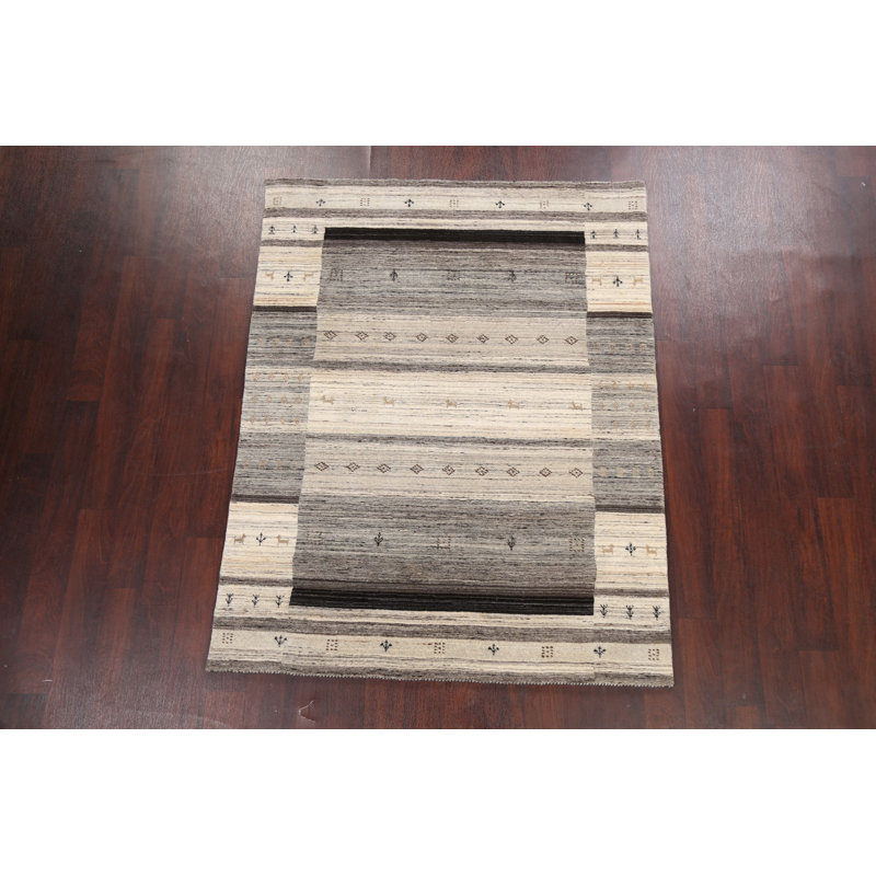 Tapis beige en laine noué à la main de conception unique 4 pi 10 po x 6 pi 2 po New Age