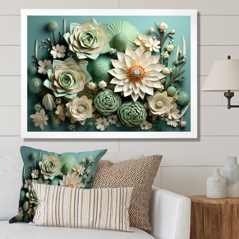 " Cactus Mint Mirage I ", 34" H x 44" W x 1.5" D, White Single Picture Framed