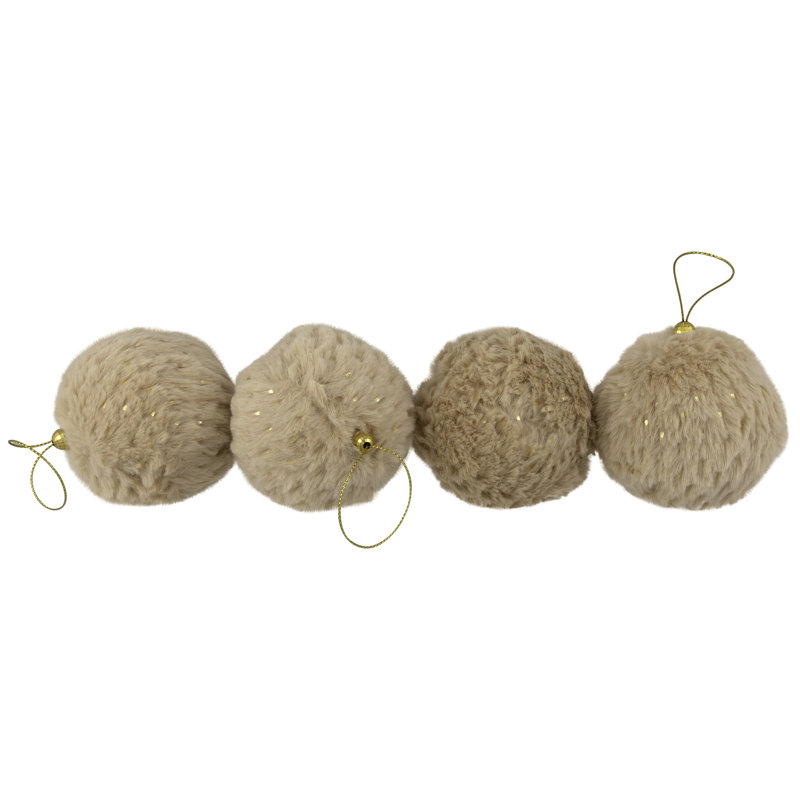 Faux Fur And Sequin Christmas Ball Ornaments - 2.75" - Beige - Set Of 4