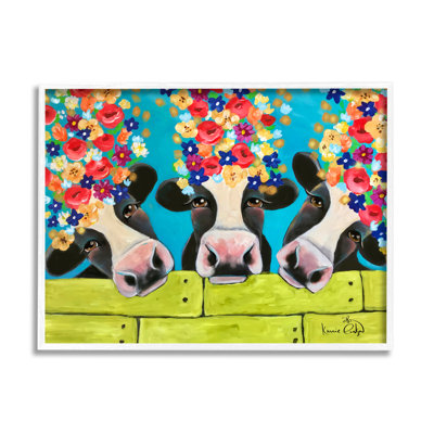 Ferme, bovins de vache, pétales de fleurs vives, planches vertes, estampe numérique par Karrie Evenson