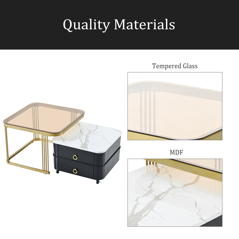 2-In-1 Square Nesting Coffee Table With Wheels & Drawers, Stackable Side Table With High Gloss Marble Grain Top, End Table Set With Brown Tempered Glass For Living Room