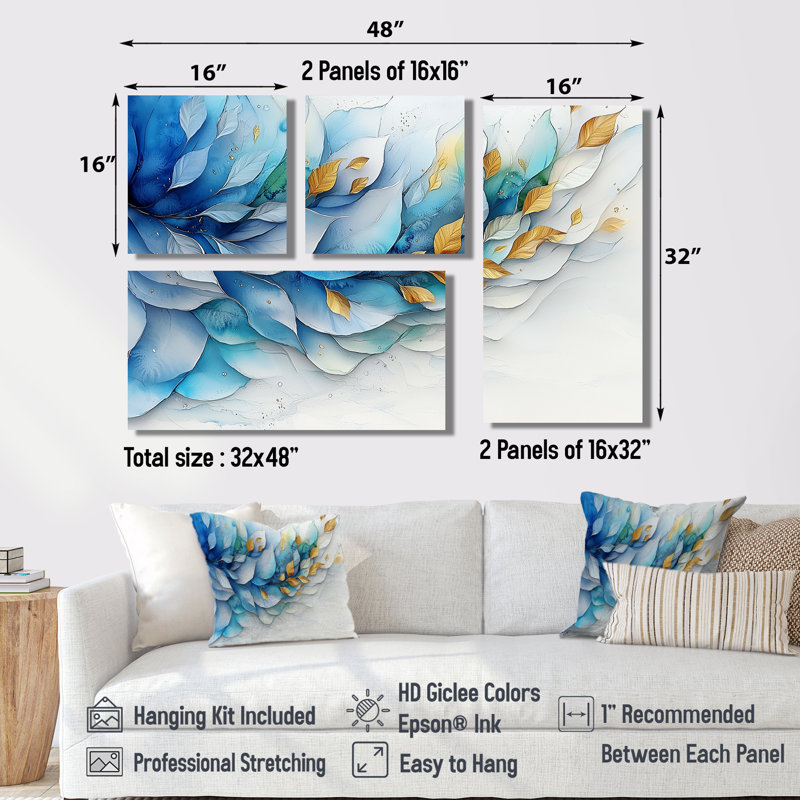 «Blue White Delicate Flower Petals I», reproduction d'art sur toile 4 pièces, Impression encadrée sans passe-partout, Noir