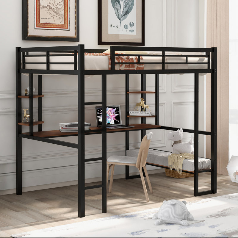 Lit Loft en métal avec grand bureau et tablettes