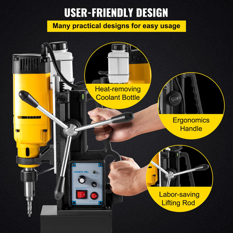 Perceuse magnétique, perceuse électro-magnétique à vitesse continue de 0 à 300 tr / min, perceuse à noyau magnétique de 2 po de profondeur et 2 po de diamètre, perceuse à perceuse de 2922 lbf, perceuse à piston de 1680 watts, perceuse jaune et noire
