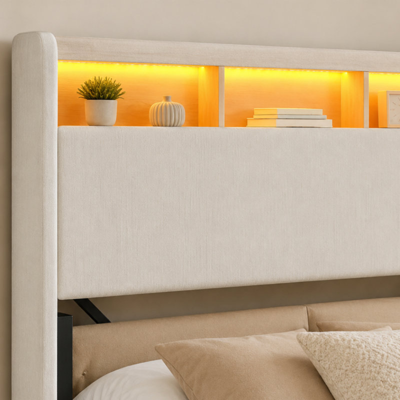 Lit plateforme tapissier avec rangement Beige