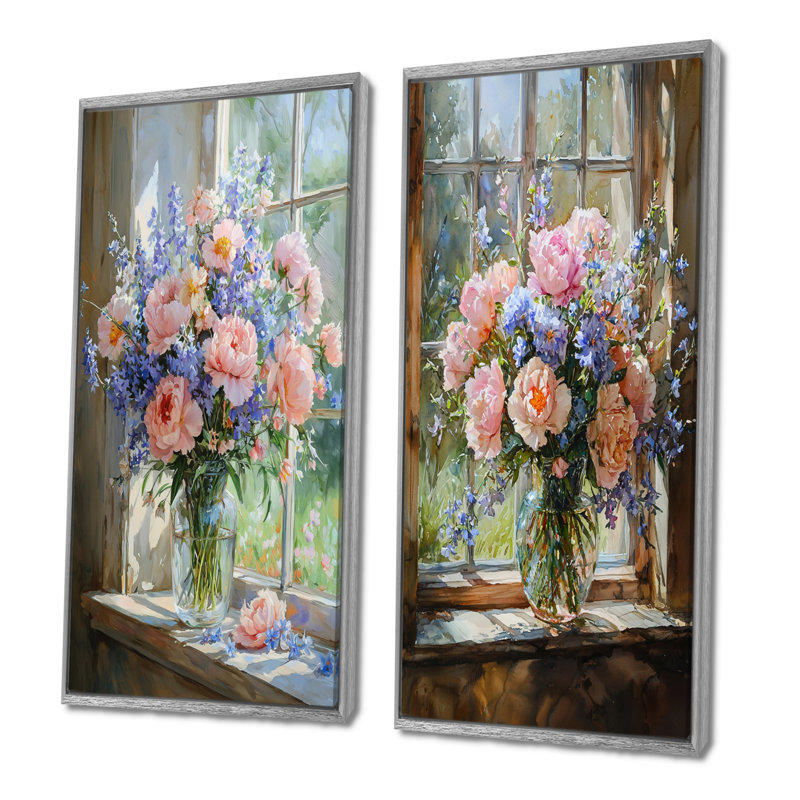 Bouquet de fleurs pastel d'été à la grange I - Décoration murale florale 2 panneaux, H 32 po x l 33 po, Encadrement argenté