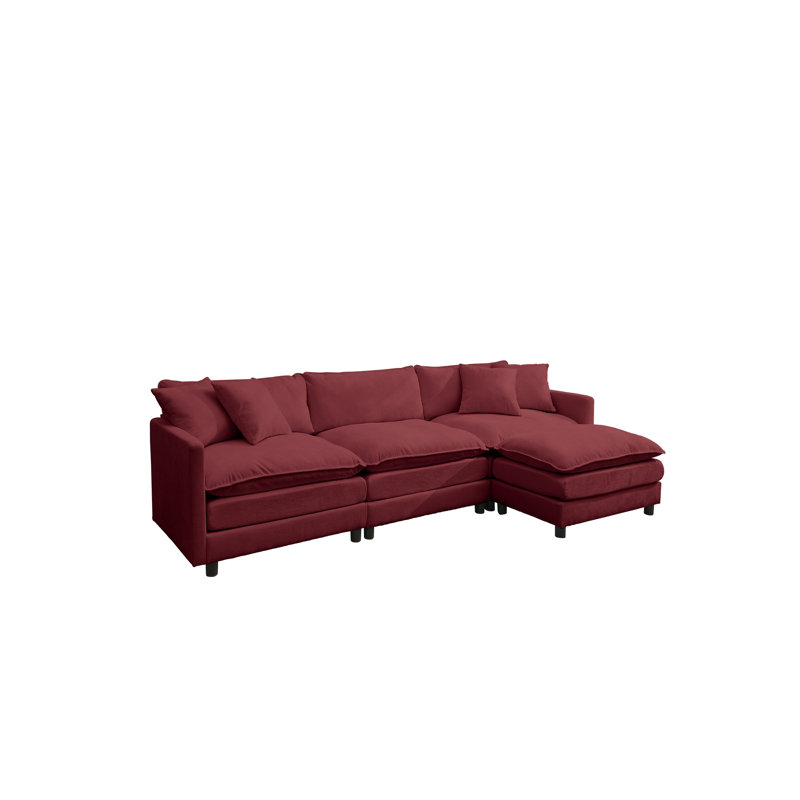 Chenille rouge modulaire de luxe en forme de L de 108 pouces, 6 sièges, rembourrage en mousse souple pour les espaces de vie principaux Luxe, siège, en forme de chenille, dossier rembourré, accoudoirs carrés, espaces