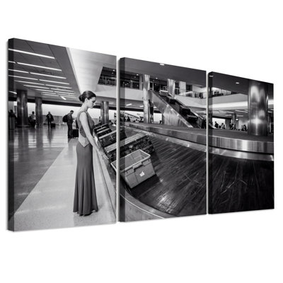 Black and White Woman at Airport Baggage Claim Set Of 3 Canvas Wall Art