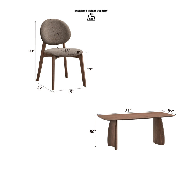 5-Piece Rectangular Dining Set with Padded Chairs - Wooden Table, Walnut Veneer, Seats 4, Curved Base(1 Wooden Table,4 Padded Chairs)