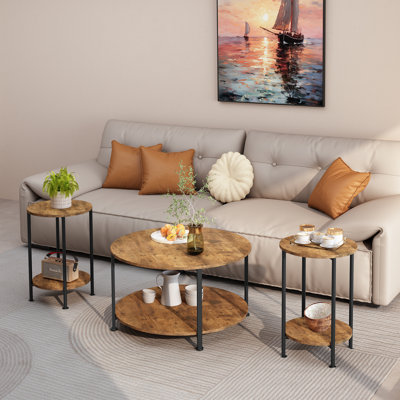 Ensemble de 3 tables basses et tables de bout pour le salon, ensemble de 3 tables basses et tables de bout rondes avec grand rangement, mobilier de ferme moderne pour appartement (brun rustique)
