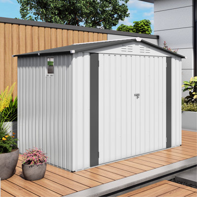 Remise à outils de jardin en métal 8 x 6 pi, toit incliné, imperméable, une fenêtre, deux portes verrouillables, blanc et gris, pour une utilisation à long terme, avec rangement esthétique