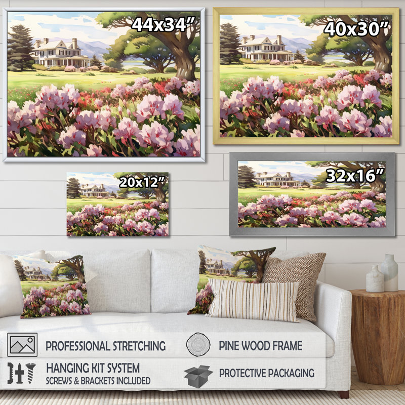 Rhododendron «Blooms at Farm IV» sur toile, H 16 po x l 32 po x P 1 po, Cadre photo blanc