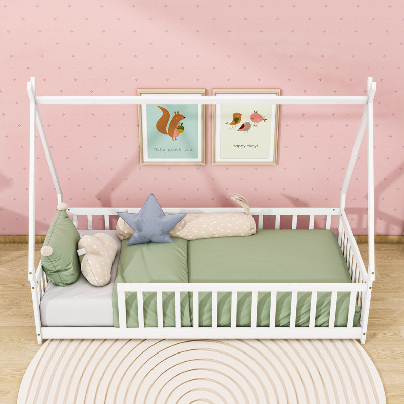 Twin Tent-Shaped Floor Bed With Guardrails, White