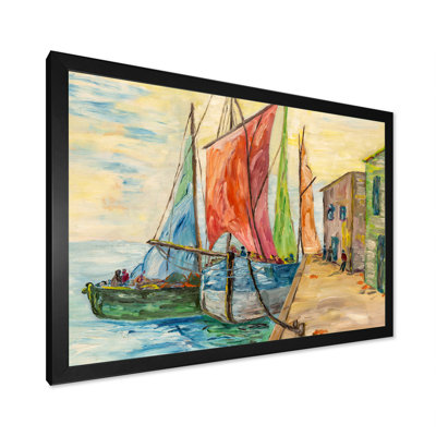 Voiliers bleus et rouges dans le port - reproduction sur toile