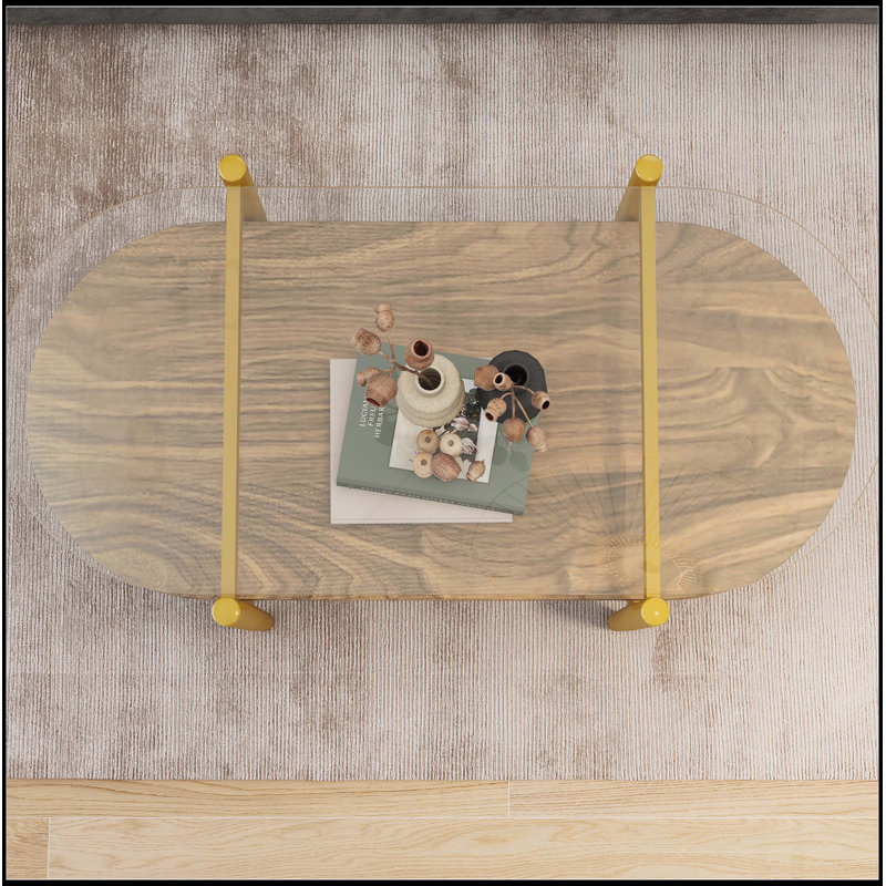 Table basse ovale en verre, de conception moderne Mid-Century, L41 x l21 x H17 pouces, pour le salon, structure à 2 niveaux, plateau en verre transparent et tablette en bois au fini noyer, pieds coniques avec cadre à finition dorée