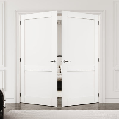72" x 80" 2-Panel Interior French Door with Black Hardware & Latch & Door Lever, Solid Core Door Slab, Paintable & Waterproof, Suit for Laundry, Closet Doors, Room Doors, Assembly Required