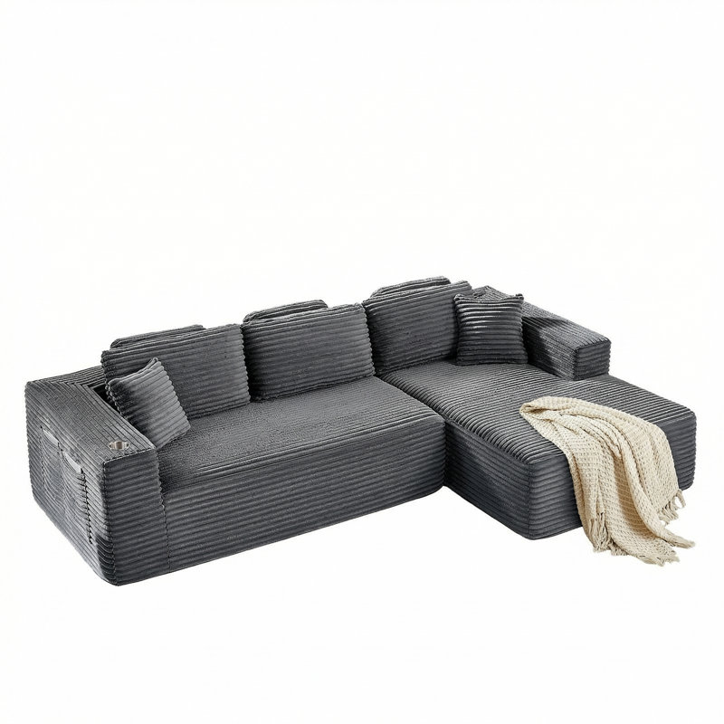 108" Cloud Modular Sectional Sofa With L-Shape Chaise, Deeper Seat Corduroy Boneless Couch With 4 Storage Pockets For Living Room (Right Hand Facing Chaise, Grey)