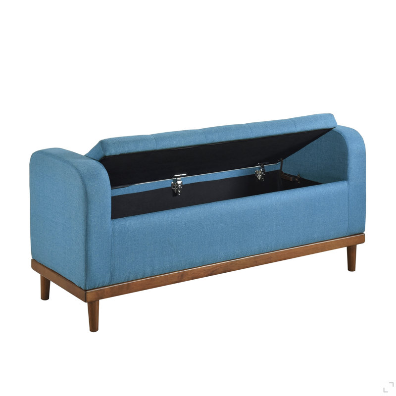 Mid-Century Modern Lift Top Storage Bench 1Pc Tufted Upholstered Solid Wood Walnut Finish Wooden Furniture, Blue